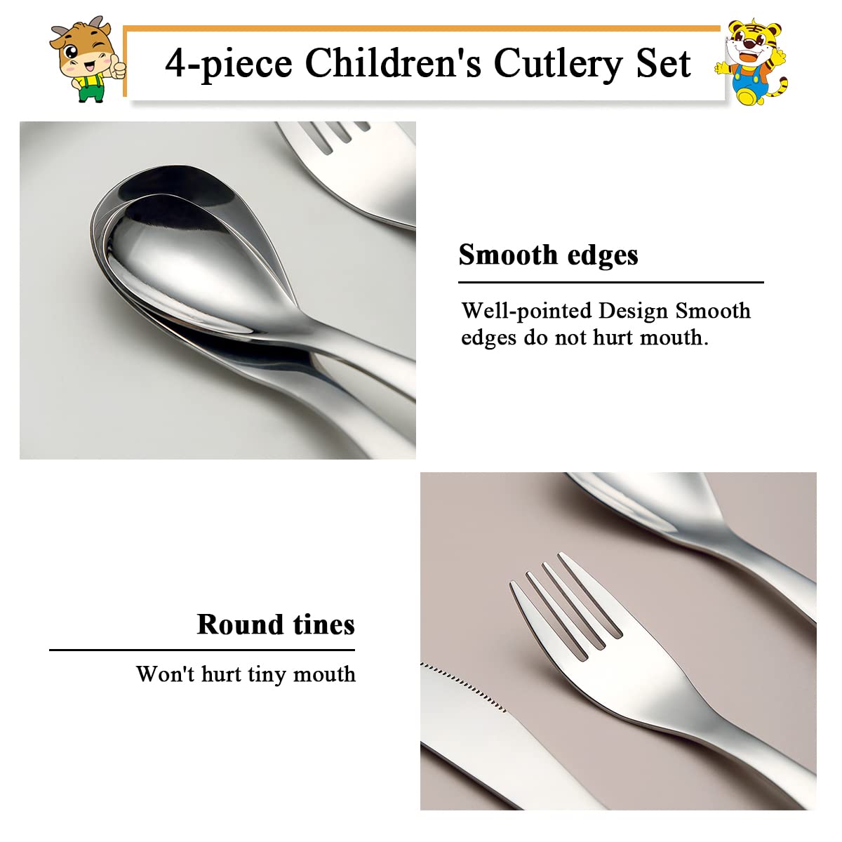 Berglander 4-piece stainless steel set with mirrored finish for kids' meals.