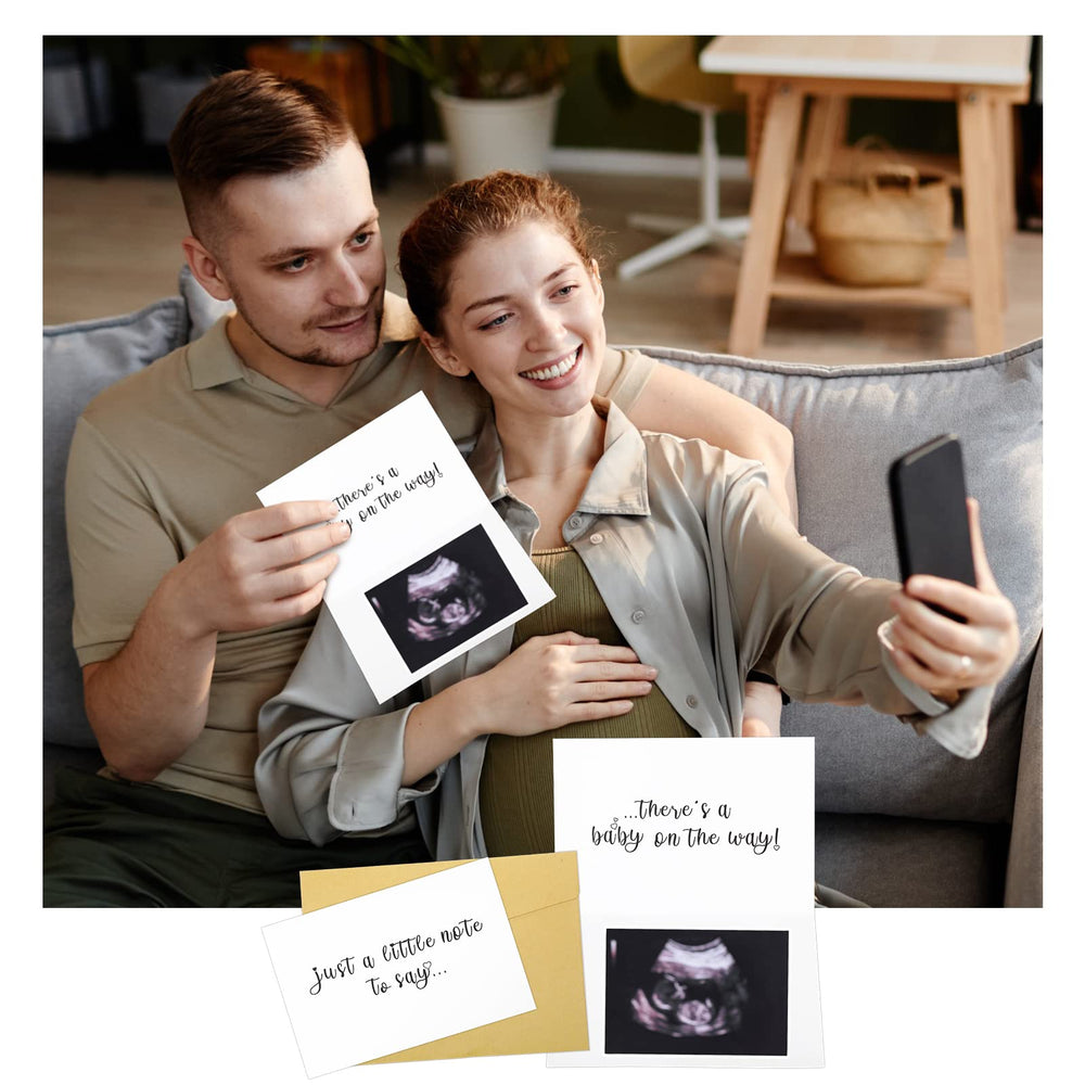 Berlune pregnancy reveal card invites a personal ultrasound photo for a creative announcement