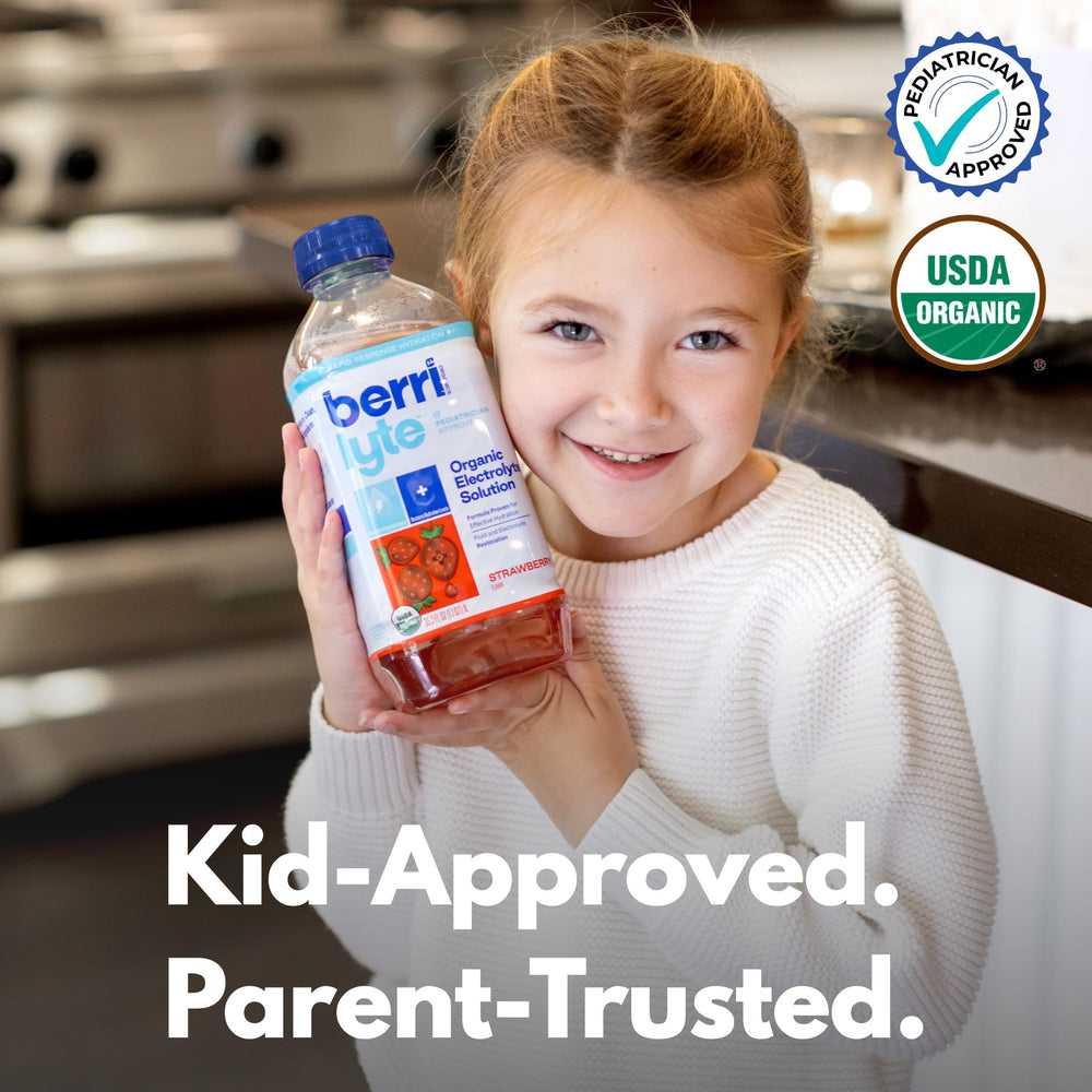BERRILYTE pediatrician-approved label indicating child-safe hydration.