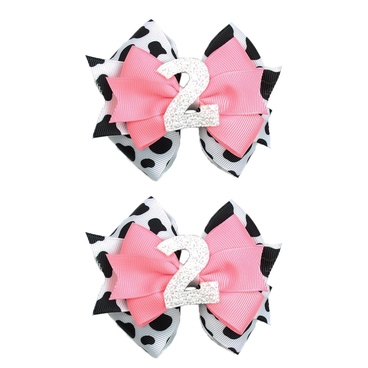 Besaleck birthday hair clips with cow print and white number for a festive 2nd birthday.