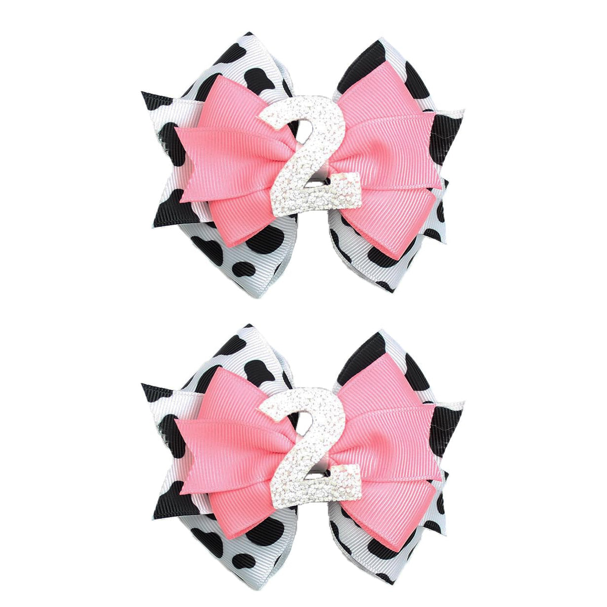 Besaleck birthday hair clips with cow print and white number for a festive 2nd birthday.