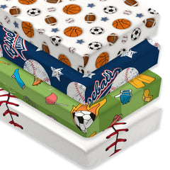 Besaomeom 4-pack crib sheets in blue baseball design offer soft, breathable comfort.