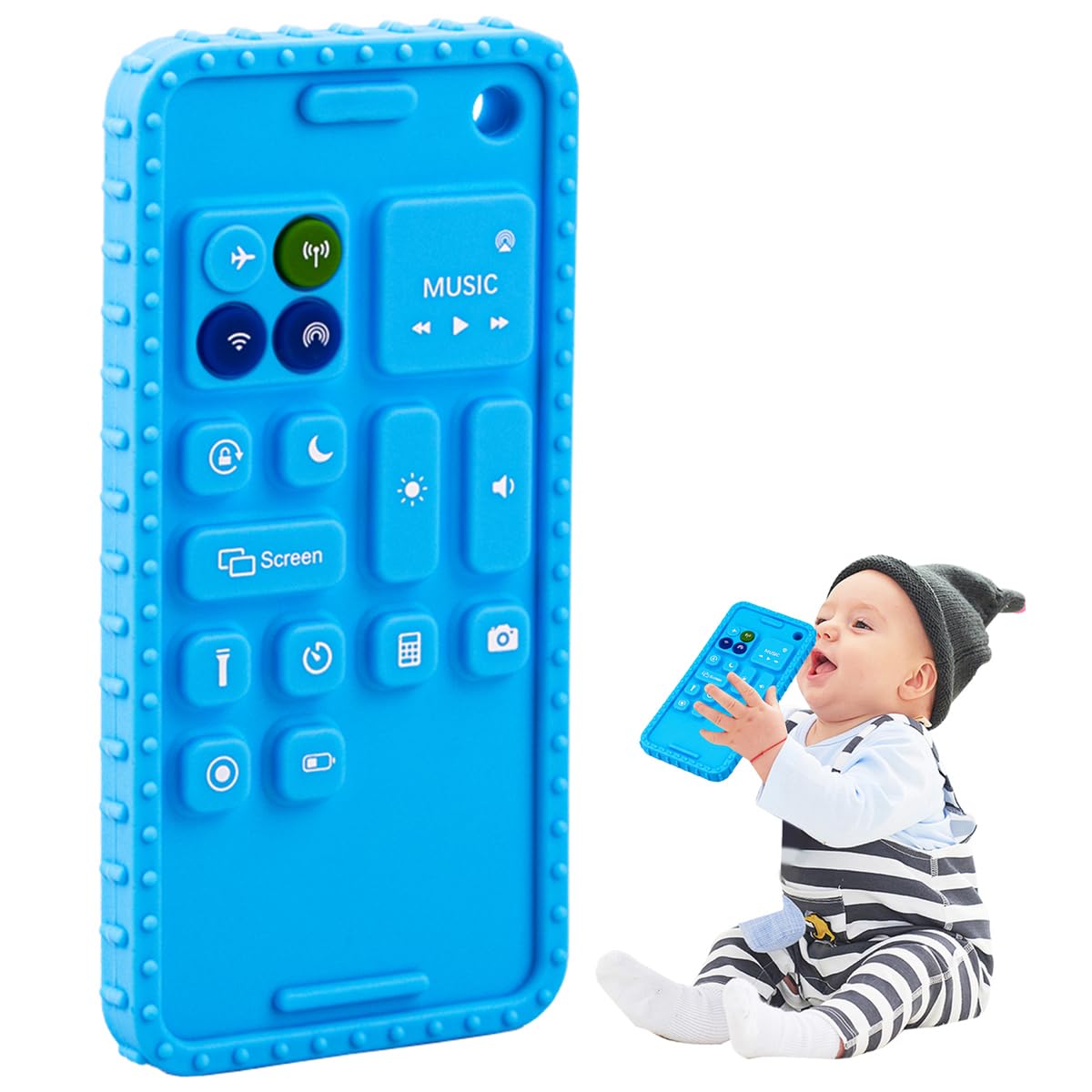 Besosay baby-phone-teether in bright colors engages babies during teething.