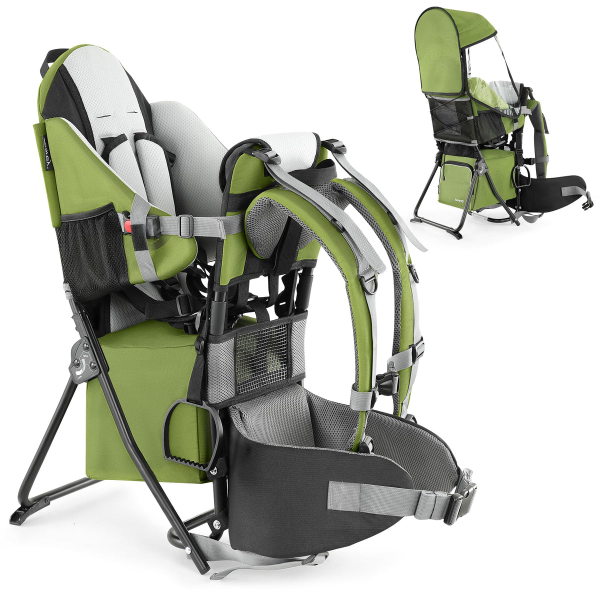 Besrey Baby Backpack Carrier in army green, front view shows secure 5-point harness for toddlers.