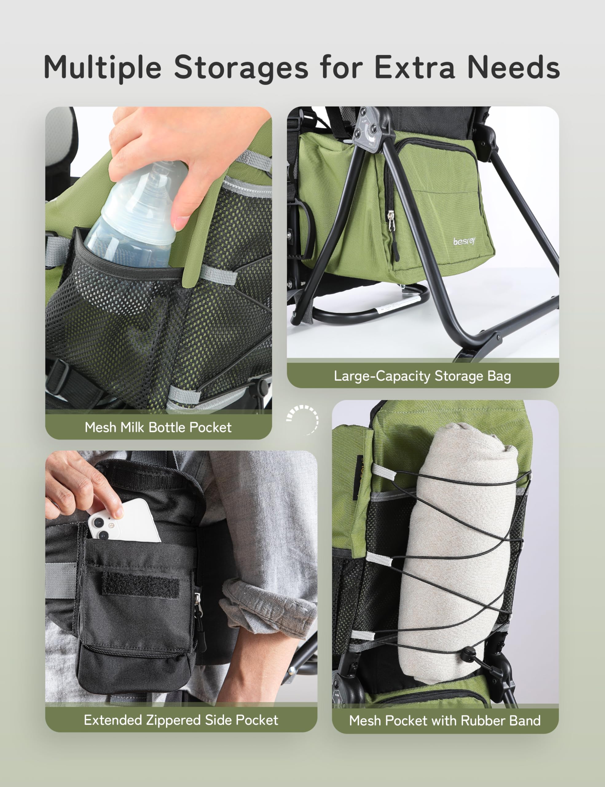 Besrey army green, sunshade extended for protection against sun and wind.