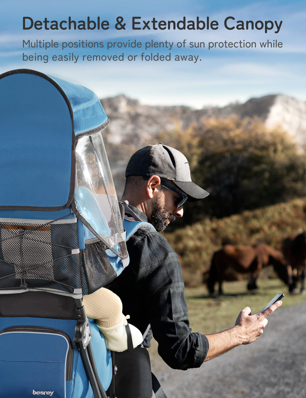 Besrey baby backpack carrier back view highlighting ergonomic support for parents.