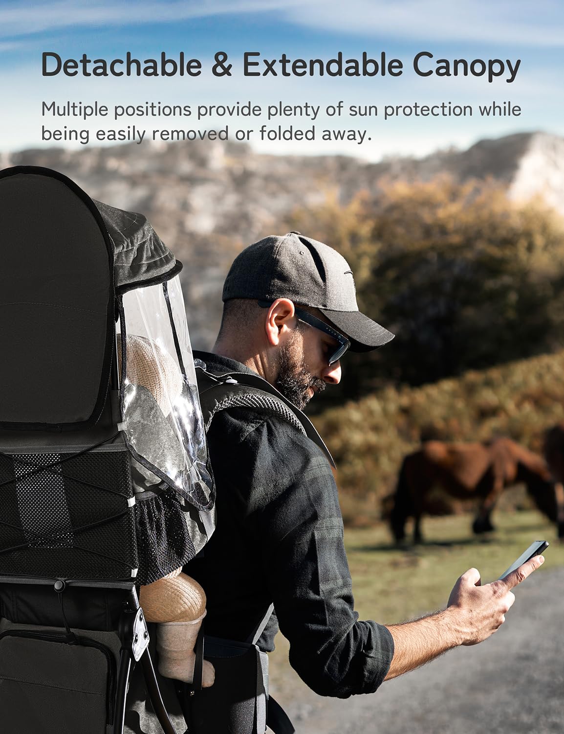 Besrey Baby Backpack Carrier seat adjustments illustrate secure, customizable toddler seating