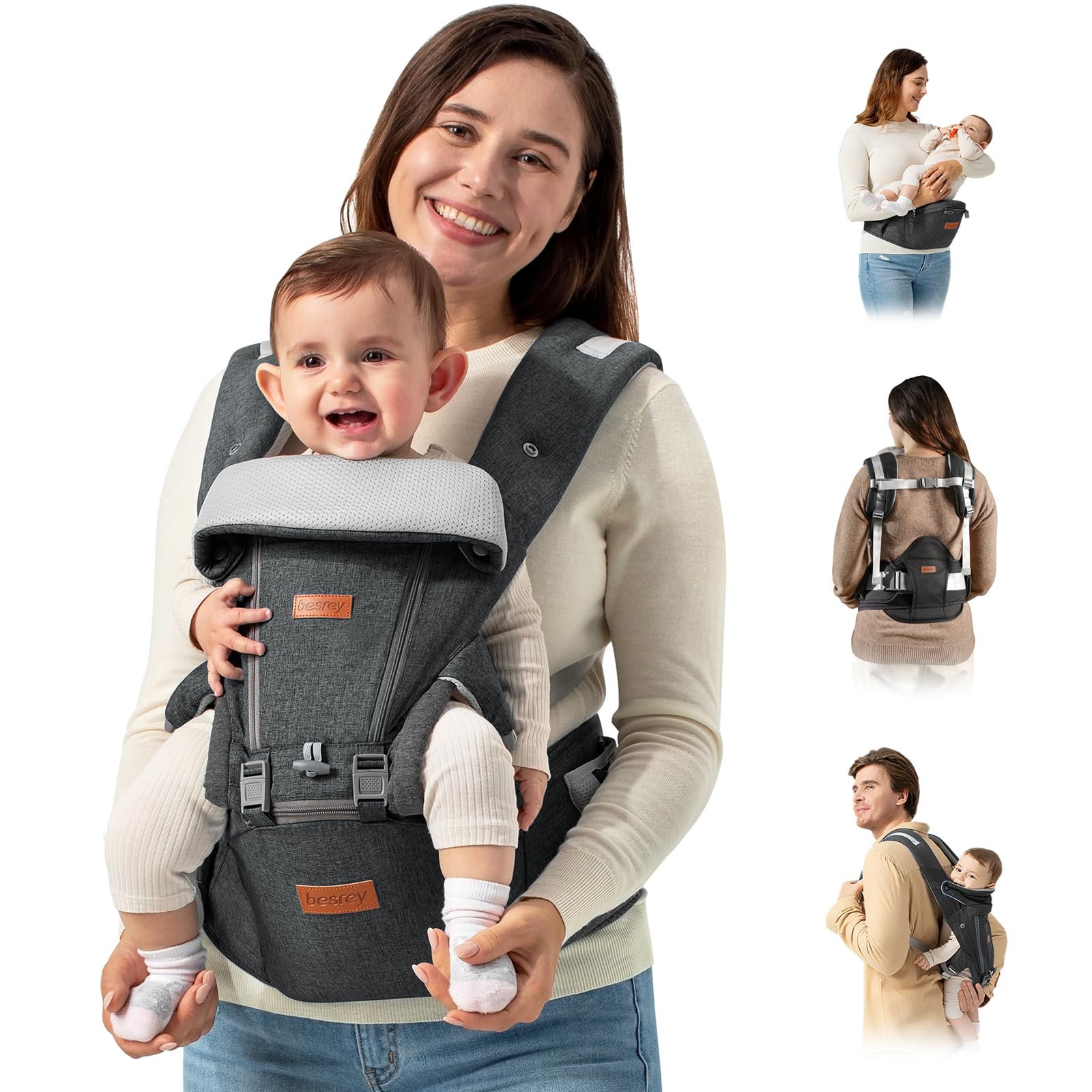 Besrey baby carrier hip seat in front carry, ideal for close bonding during city strolls.