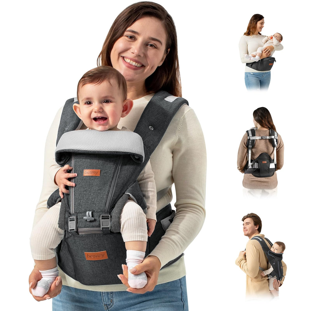 Besrey baby carrier hip seat in front carry, ideal for close bonding during city strolls.