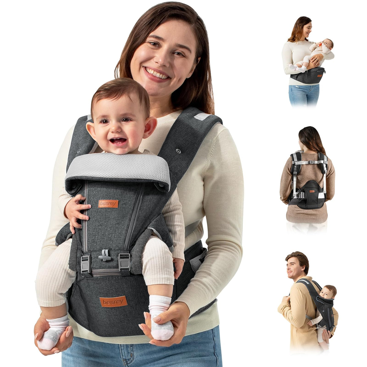 Besrey baby carrier hip seat in front carry, ideal for close bonding during city strolls.
