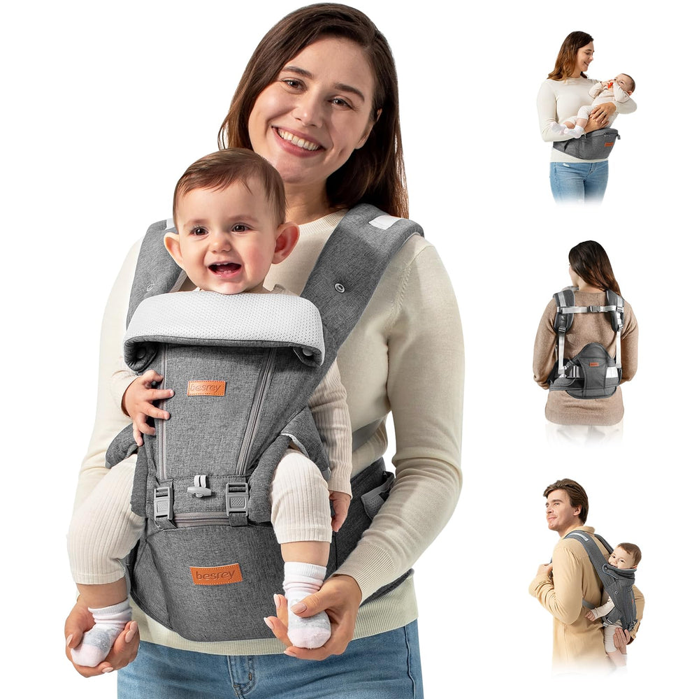 Besrey hip-seat baby carrier offers ergonomic lumbar support for all-day wear.