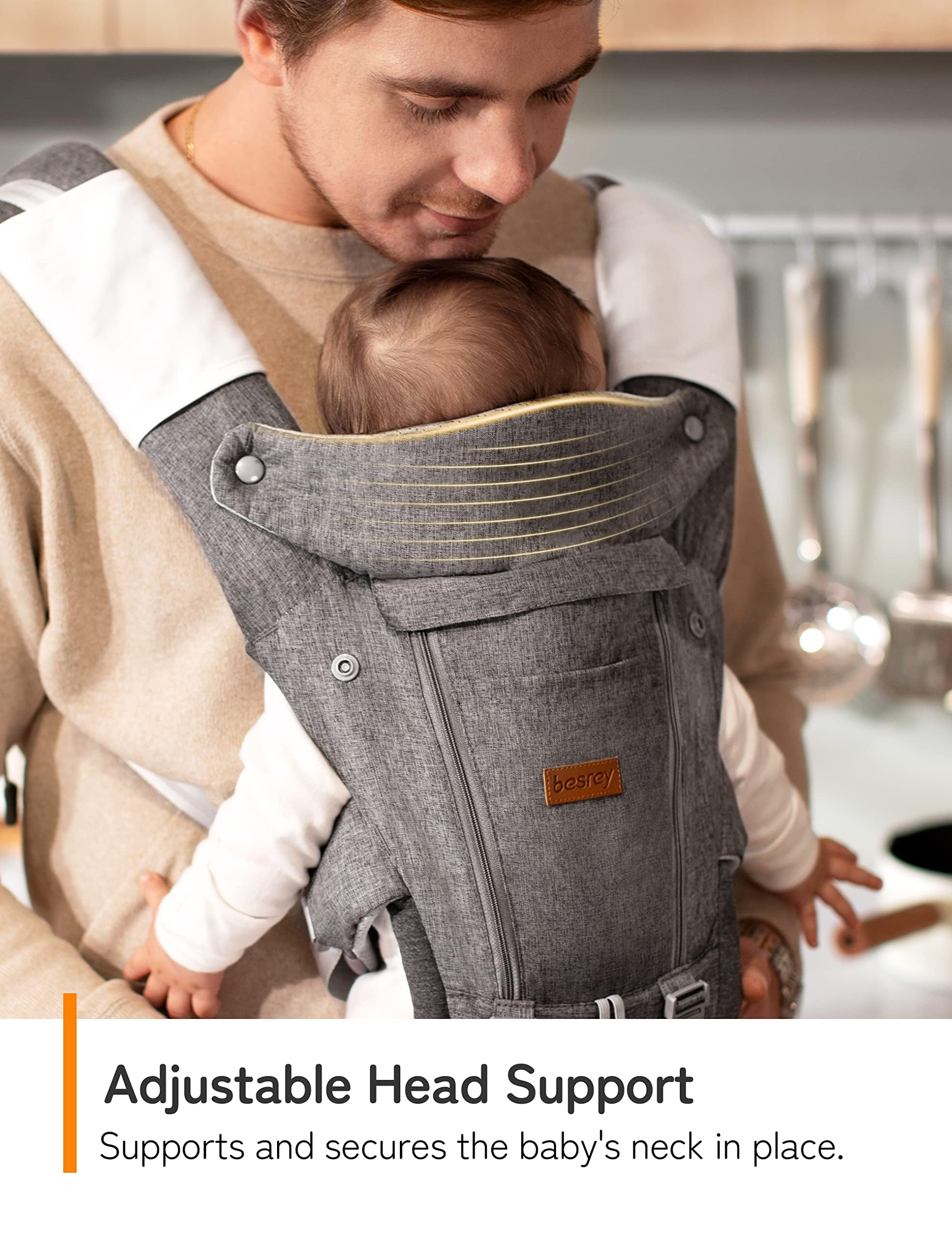 Besrey ergonomic hip seat maintains M-position for baby's hip alignment.