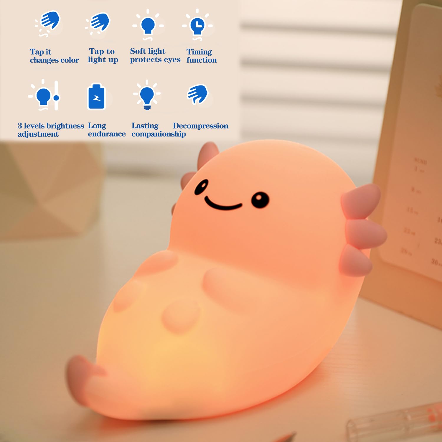 Bestfaith pink axolotl night light in dimmed mode for cozy ambience