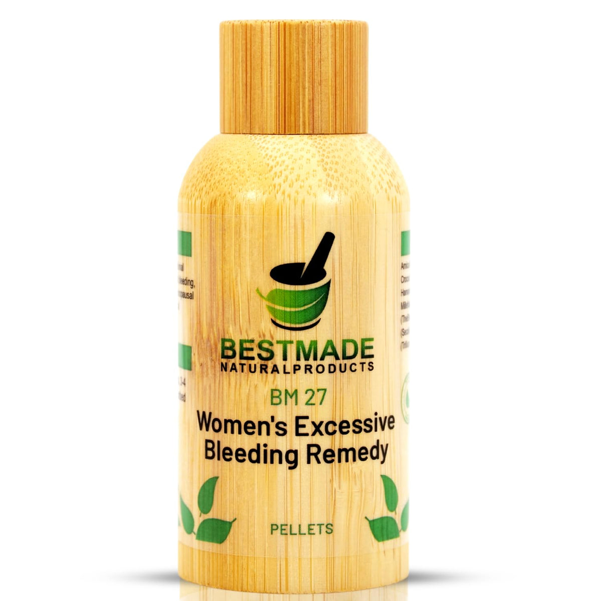 Bestmade BM27 bottle with pellets suggesting natural menstrual balance.