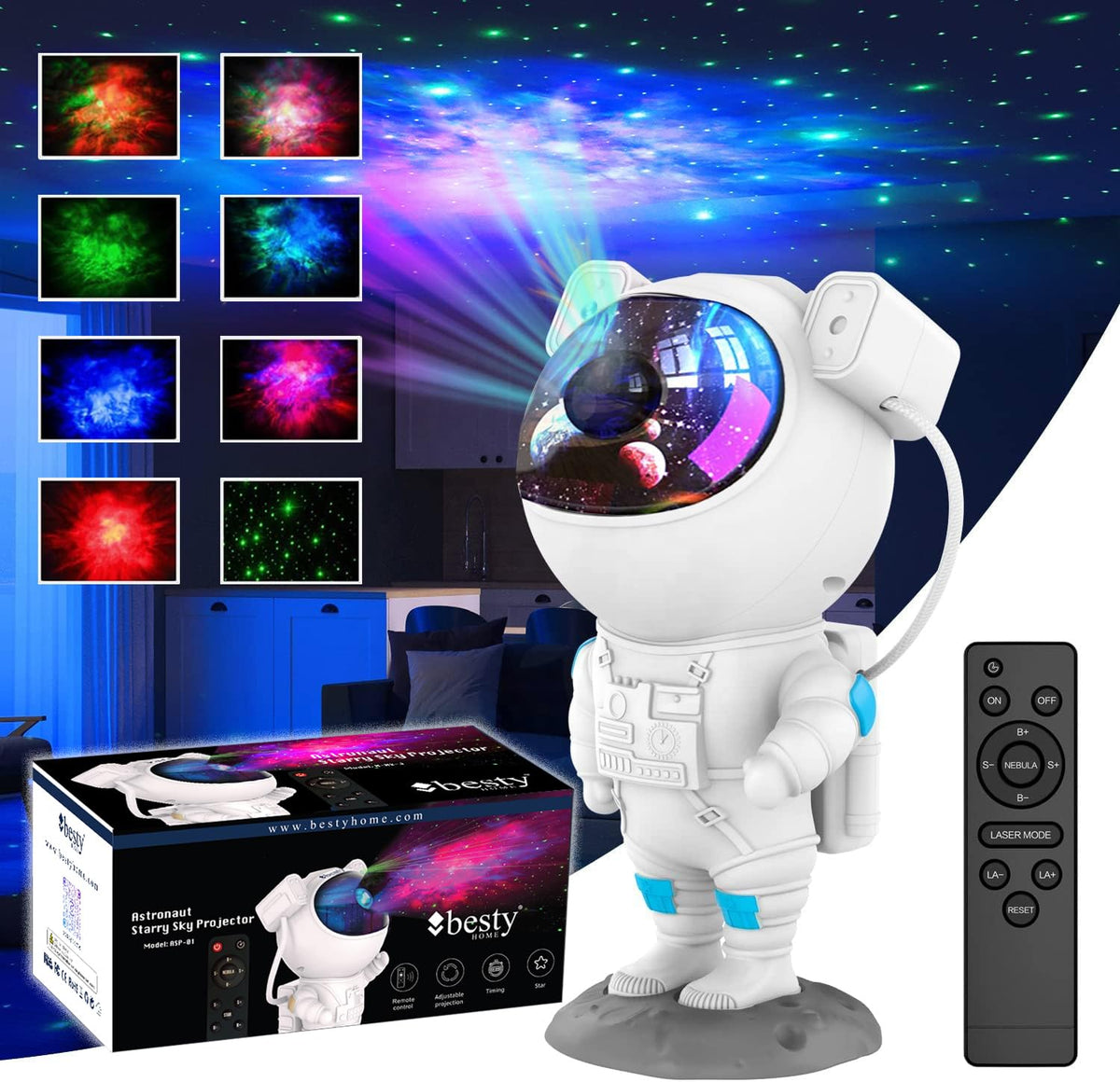 BESTY HOME astronaut night light with 360° rotation for flexible projection.