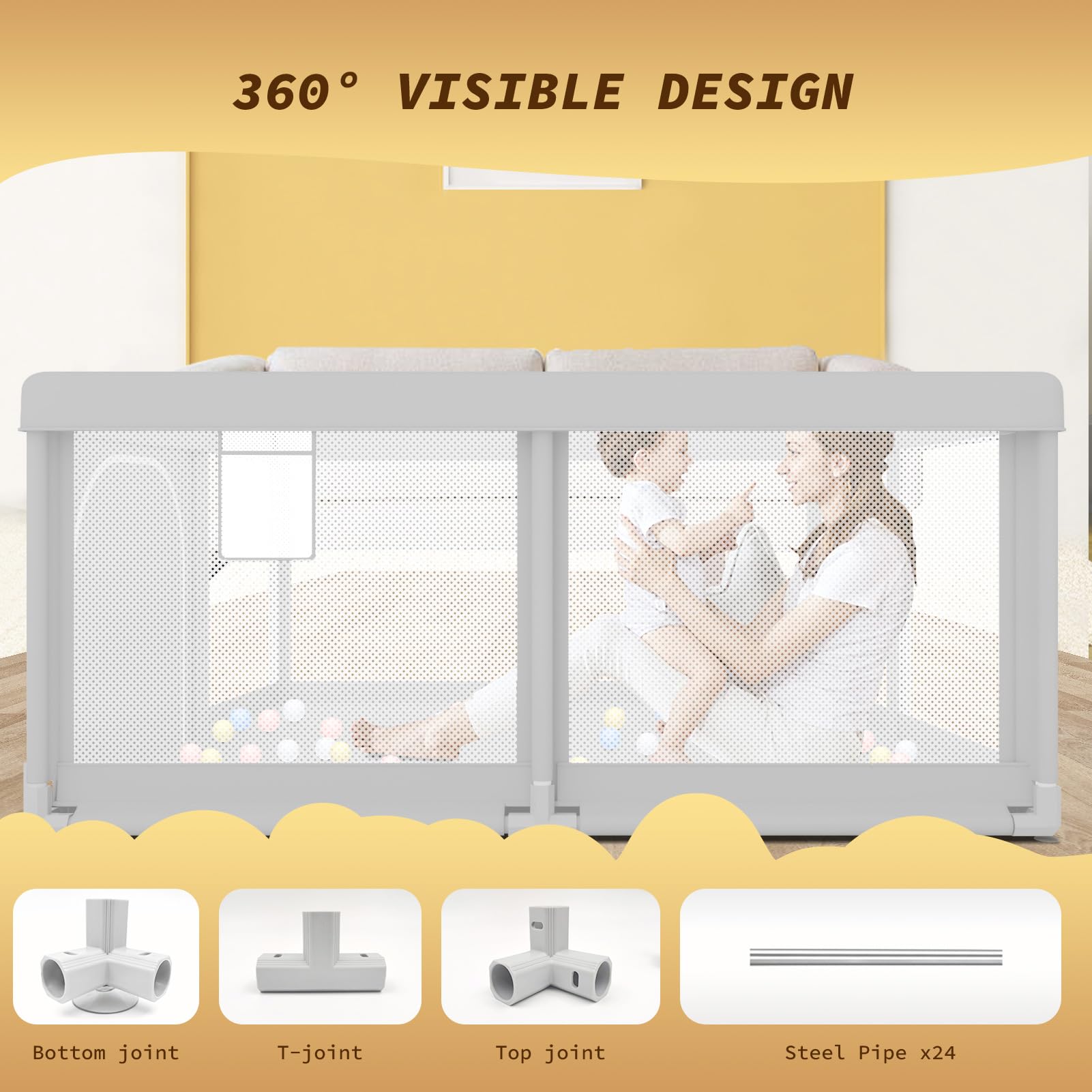 Besuhot playpen 27-inch height helps deter climbing while keeping a wide view.