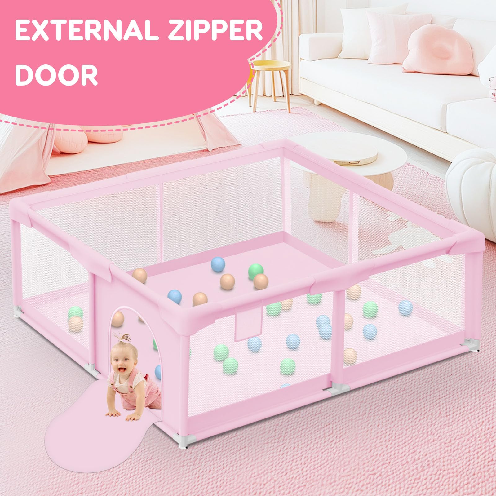 Besuhot playpen pink zipper door for easy access