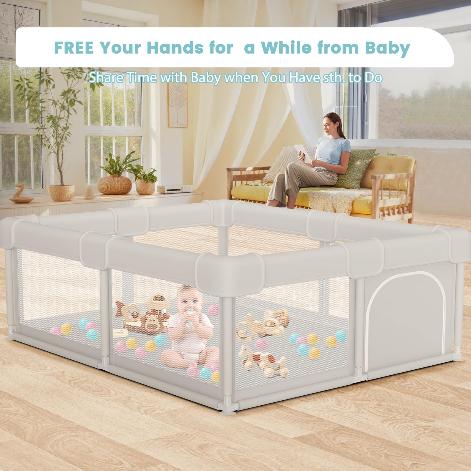Besuhot 50x50 yard playpen offers ample space for two toddlers.