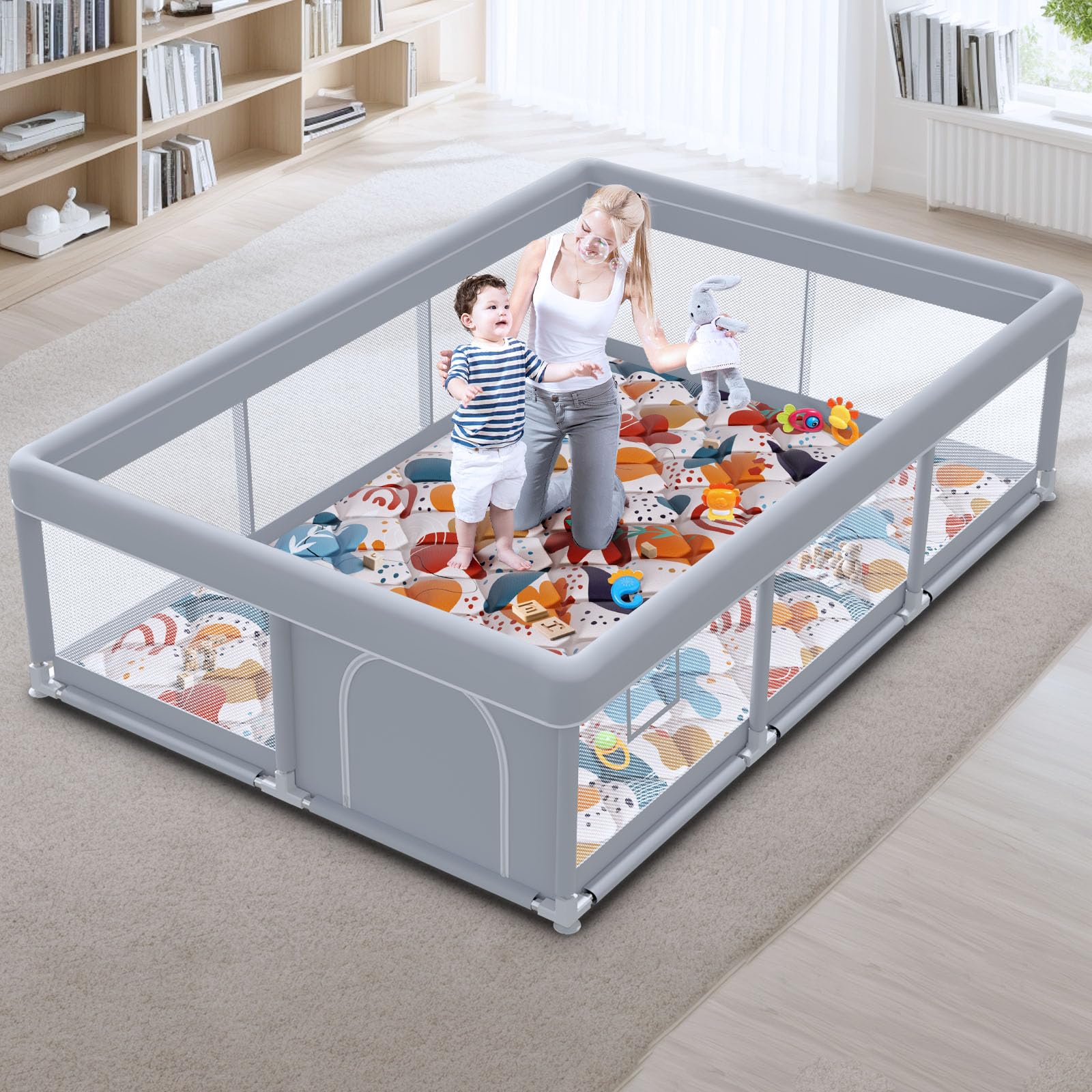 Besuhot baby playpen with 74x50 setup showing wide space for safe indoor play