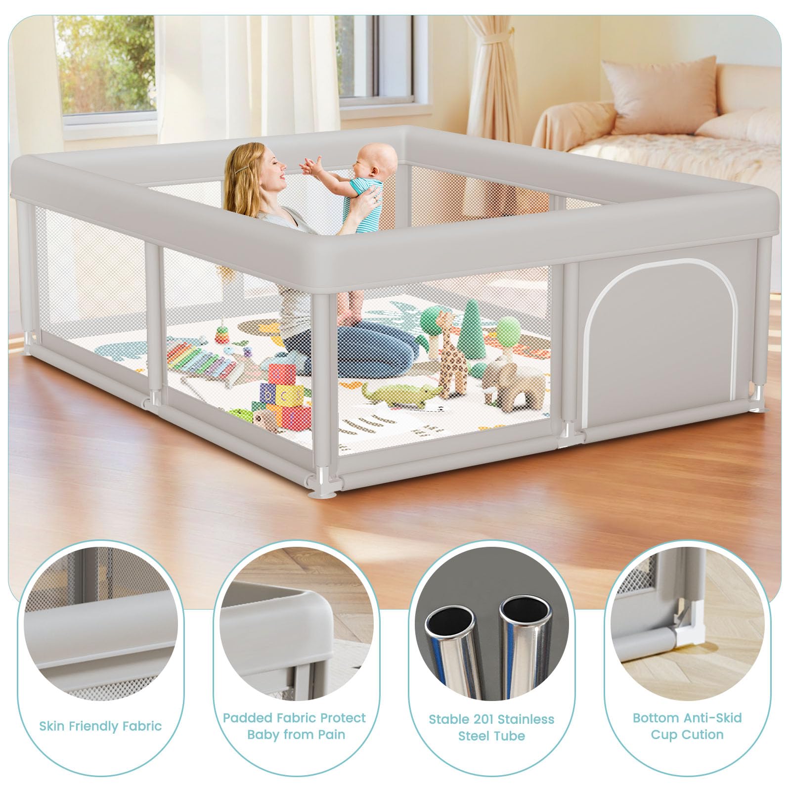 Besuhot Baby Playpen easy-clean fabric simplifies post-play cleanup.
