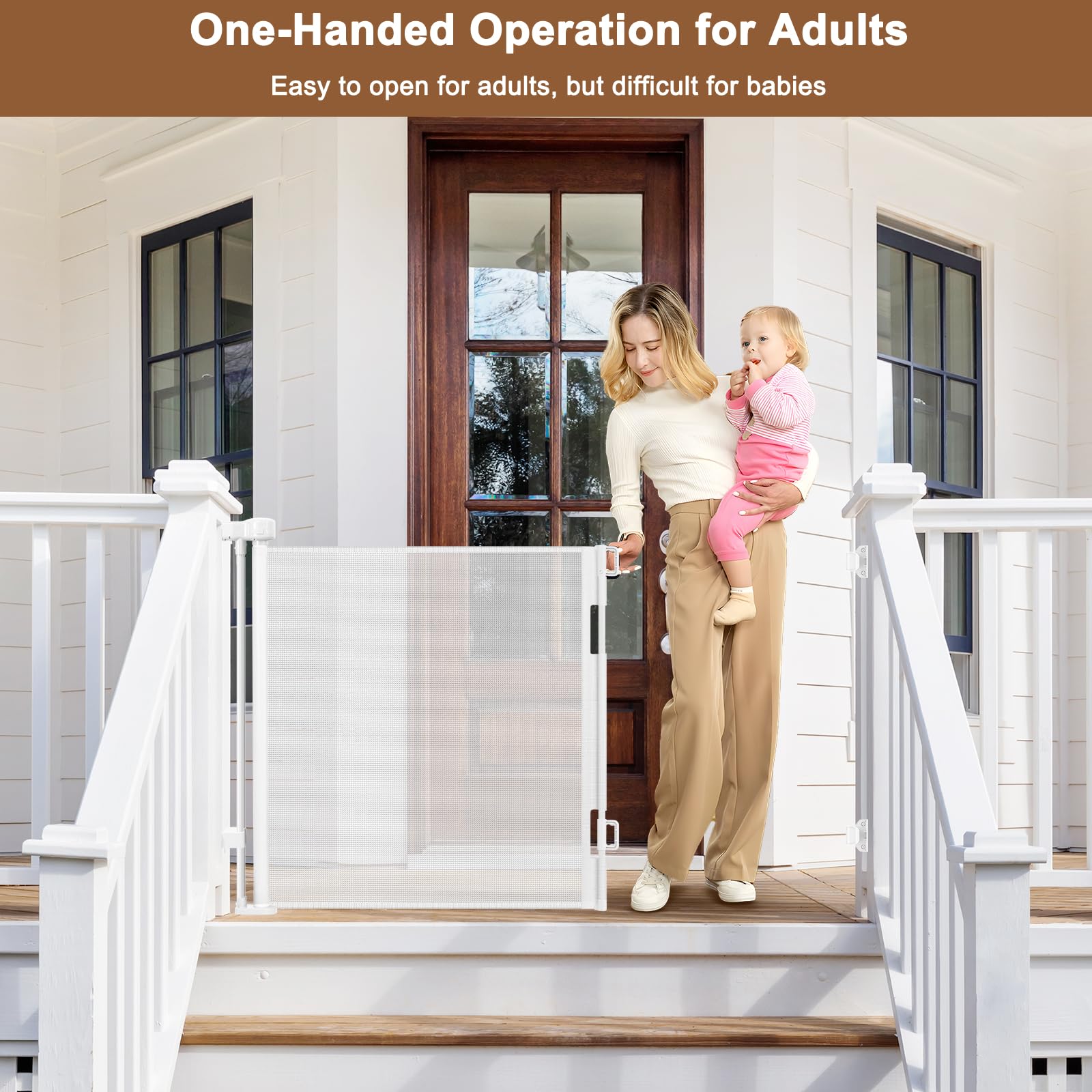 White outdoor gate installed on a patio, ideal for pets and children.