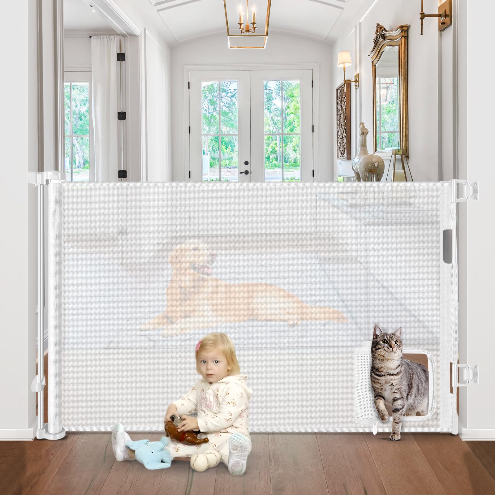 BETERTEK retractable baby gate with cat door for wide openings.