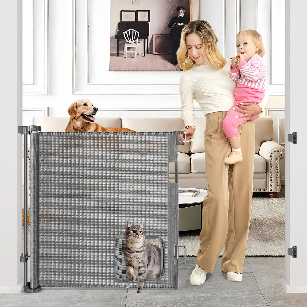 BETERTEK retractable gate with cat door closed for secure pet separation.