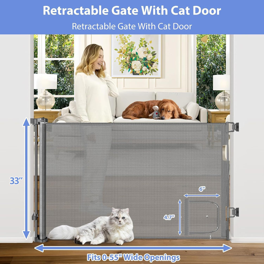 BETERTEK retractable gate with cat door open allows cat access while keeping dogs apart.