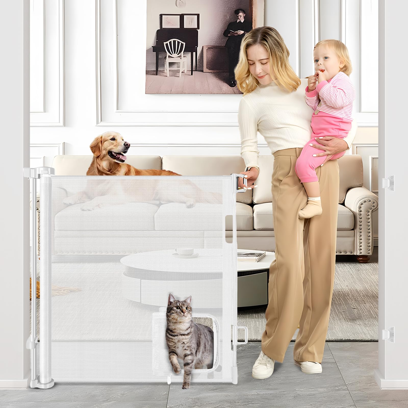 BETERTEK retractable gate with cat door, 55-inch wide reach, for safe pet separation.