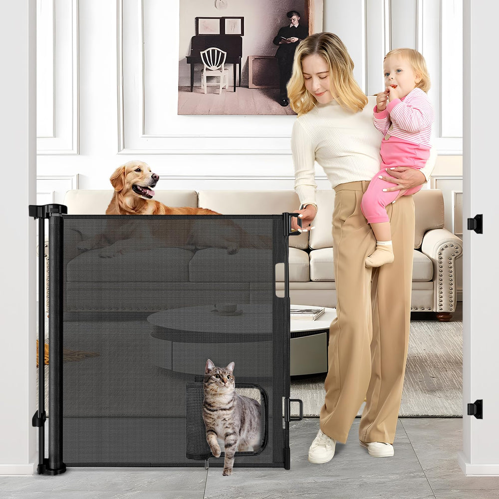 BETERTEK retractable gate with cat door in doorway for pet separation.