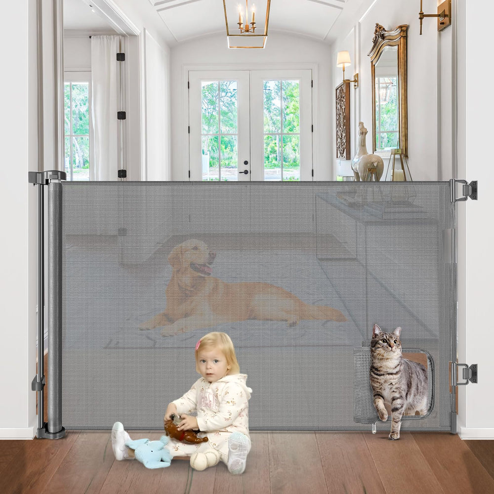 BETERTEK retractable gate with cat door rolled up for space-saving storage and quick setup