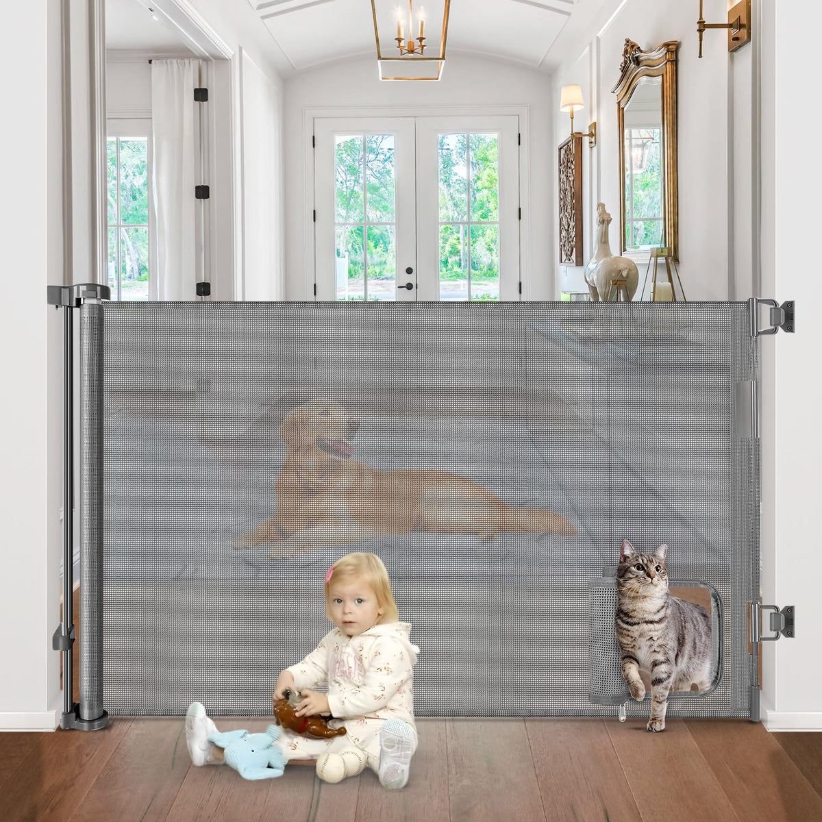 BETERTEK retractable gate with cat door rolled up for space-saving storage and quick setup