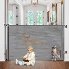 BETERTEK retractable gate with cat door rolled up for space-saving storage and quick setup