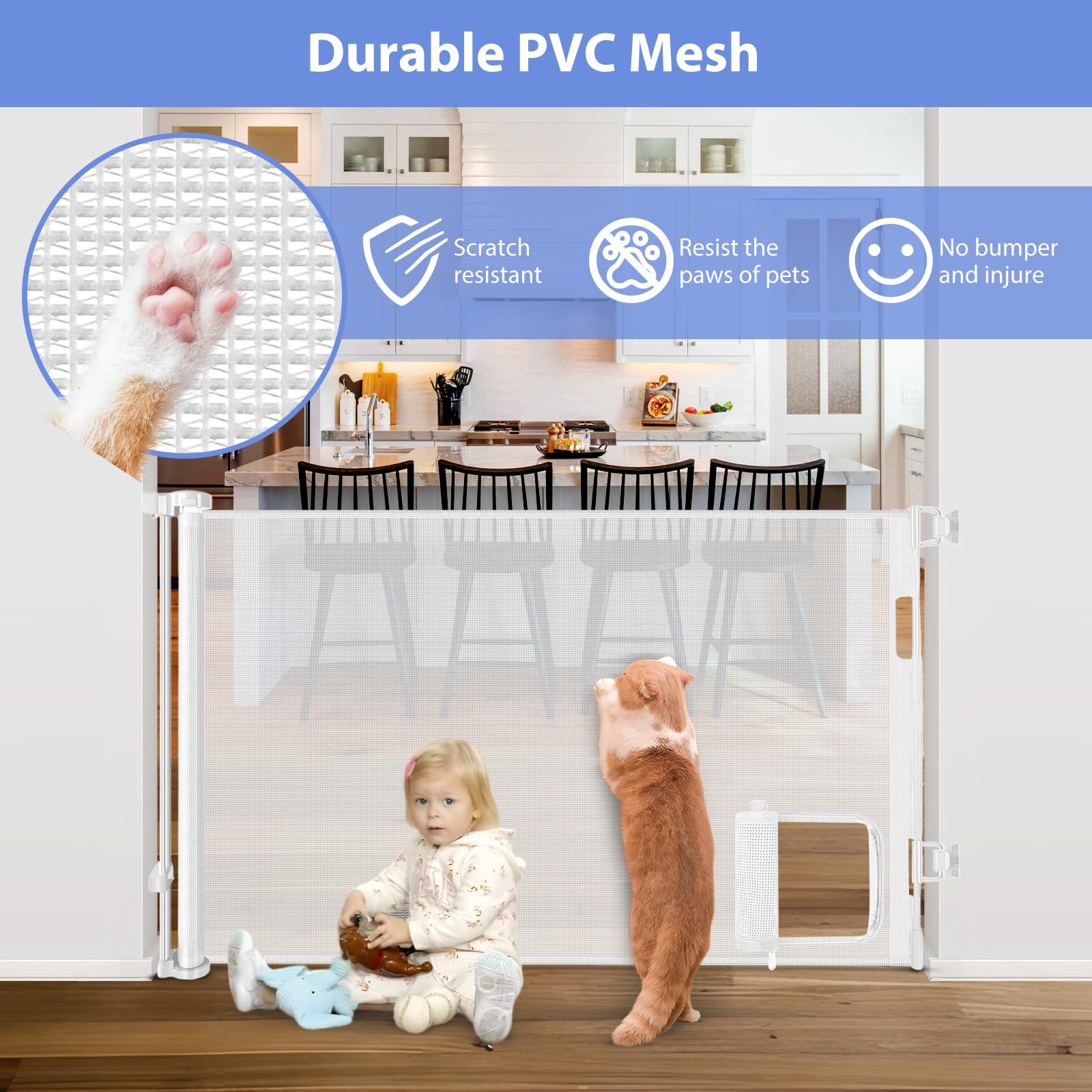 BETERTEK retractable gate's scratch-resistant mesh protects fingers and clothing.