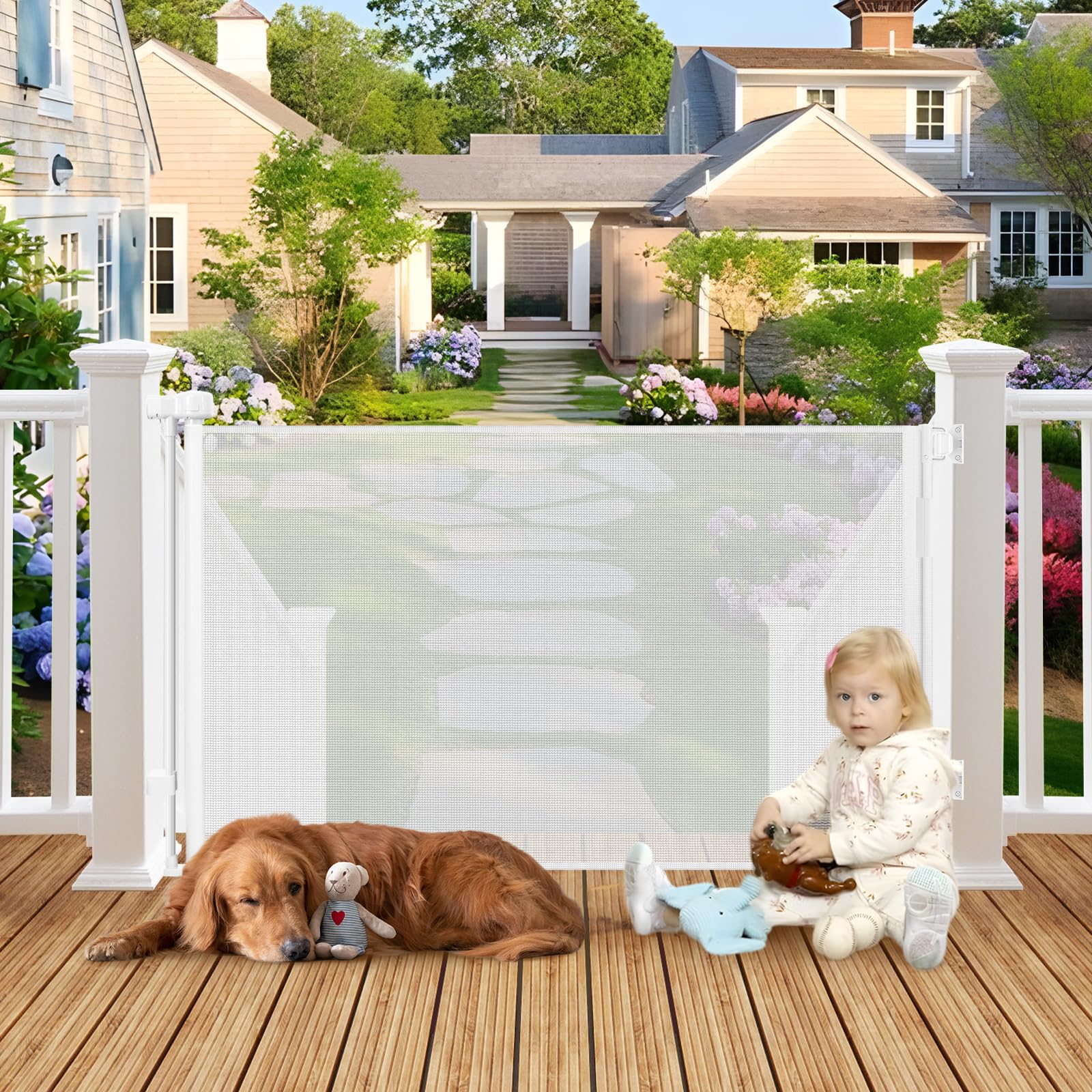 BETERTEK weatherproof retractable gate on a deck, 55-inch wide.