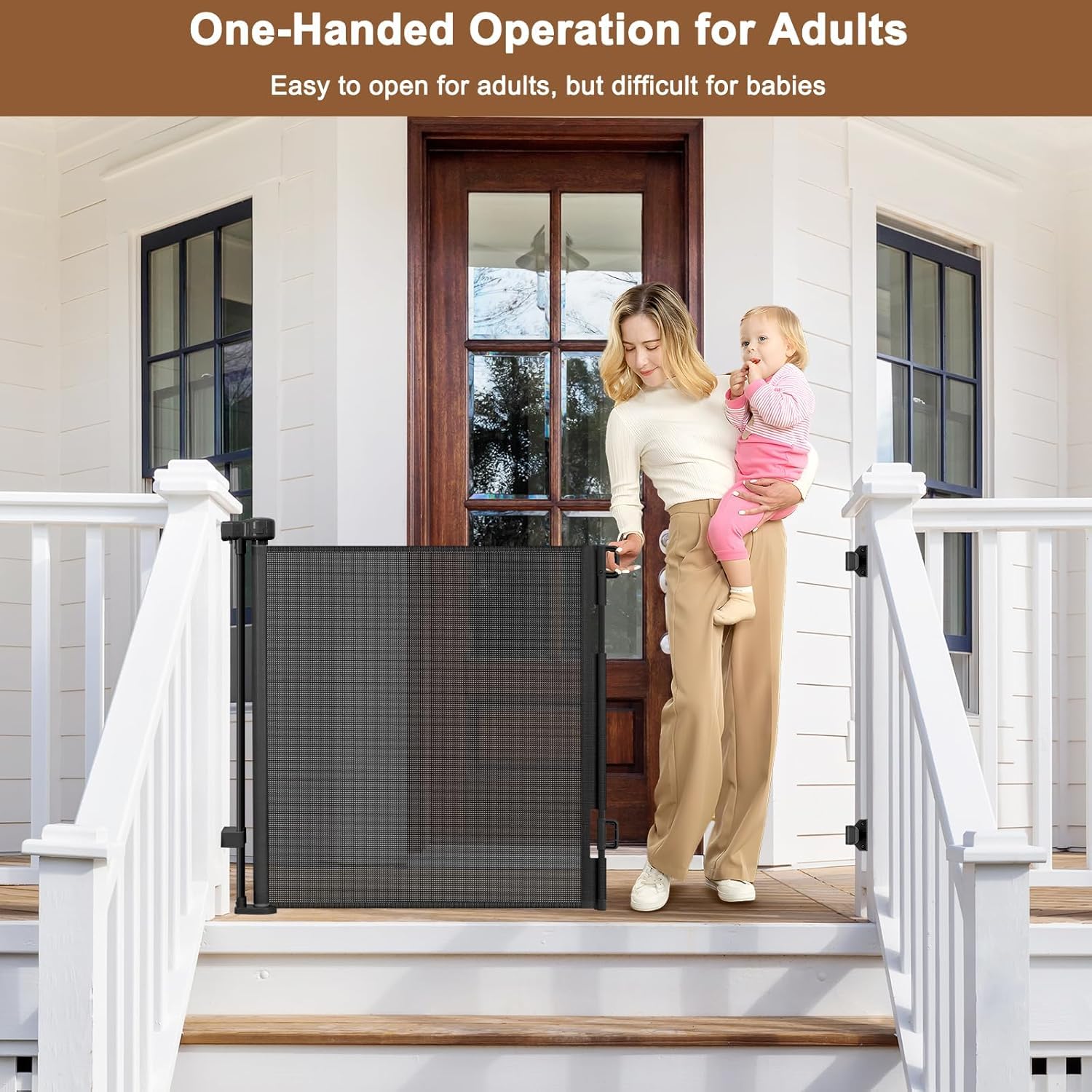 BETERTEK 72-inch wide outdoor gate in place on a deck setup.