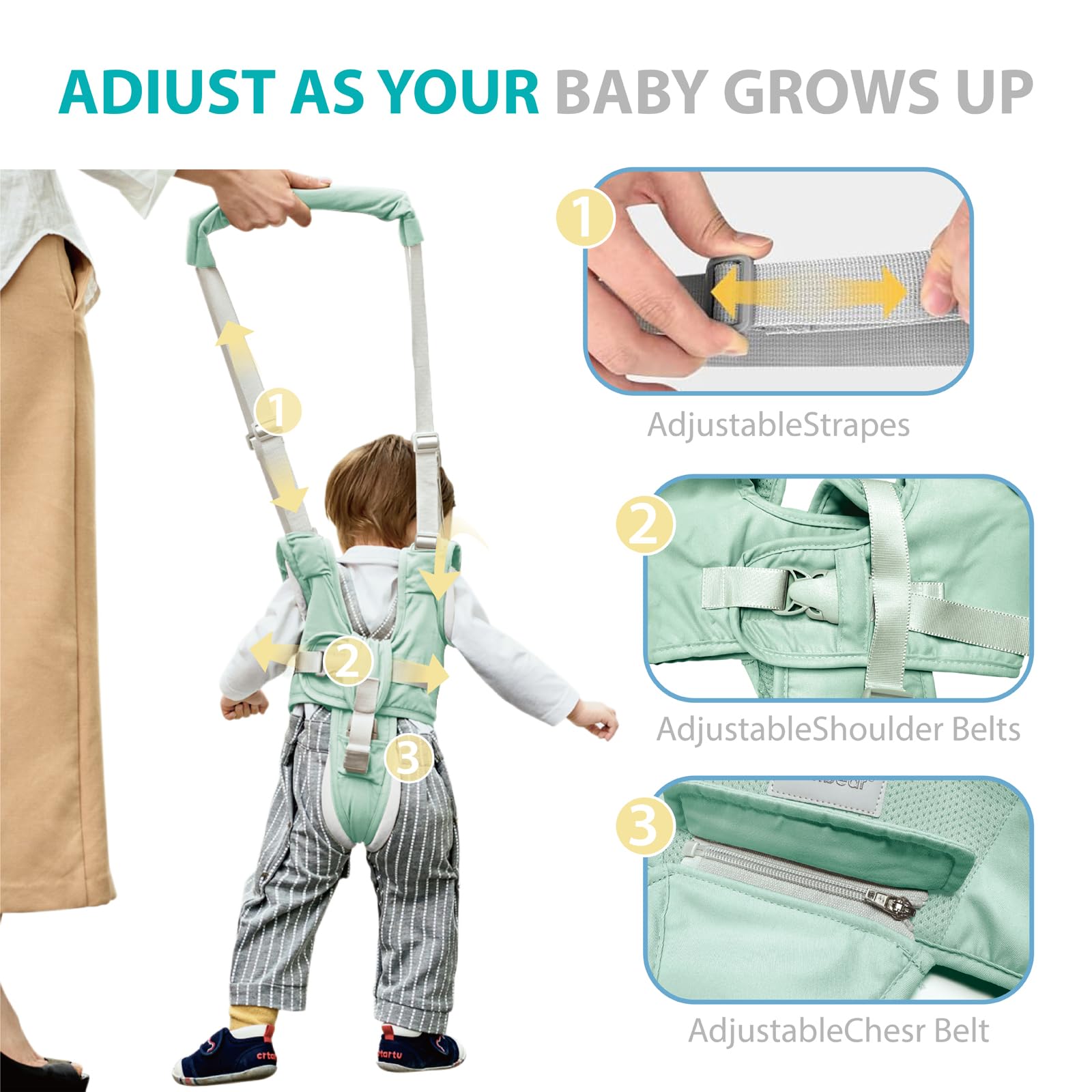 BethBear all-season green walking assist worn by toddler outdoors