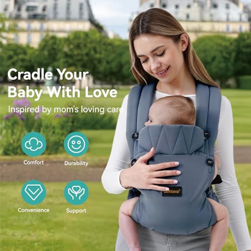 BethBear baby carrier with adjustable waist belt securely supports growing child.
