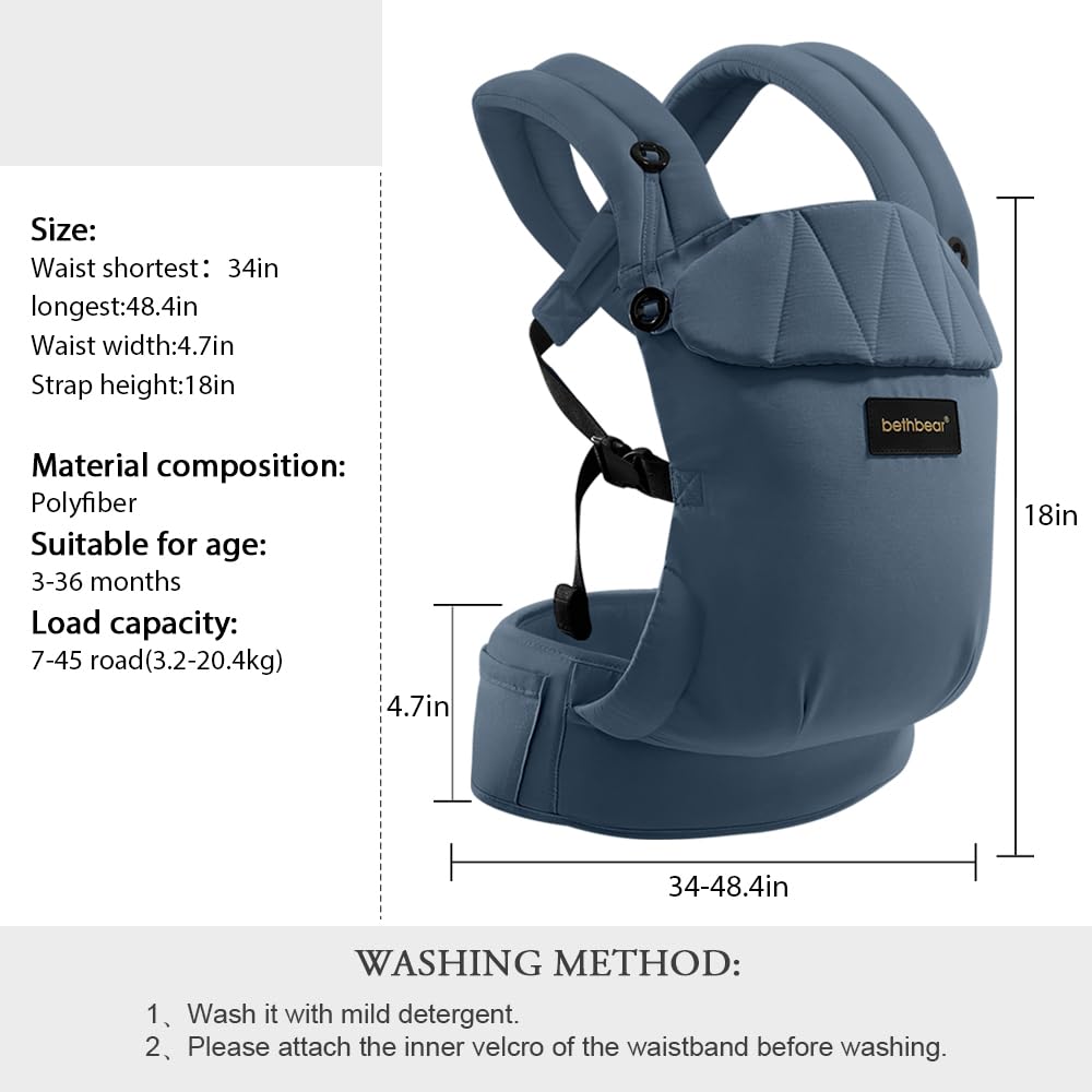 BethBear blue baby carrier shown for versatile everyday wear.