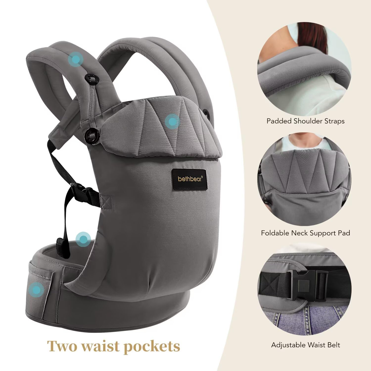 BethBear ergonomic M-shape design promotes hip-friendly positioning