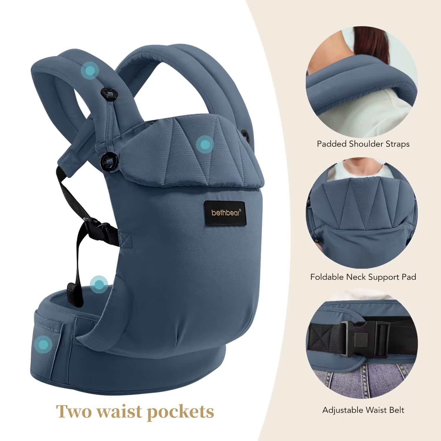 BethBear newborn to toddler range supports growth from 7 to 45 lbs.