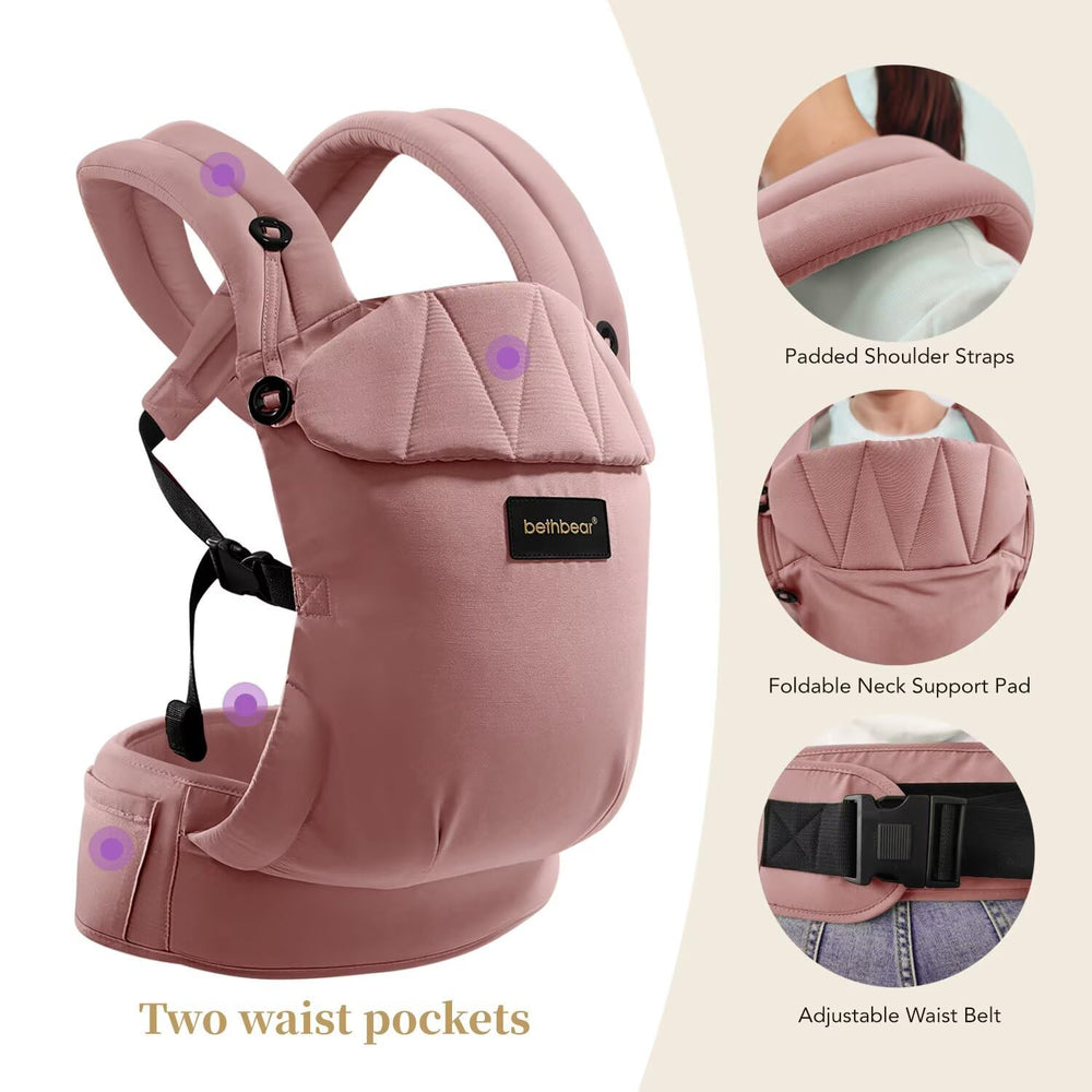 BethBear pink ergonomic-M view shows comfortable seating for baby's hips
