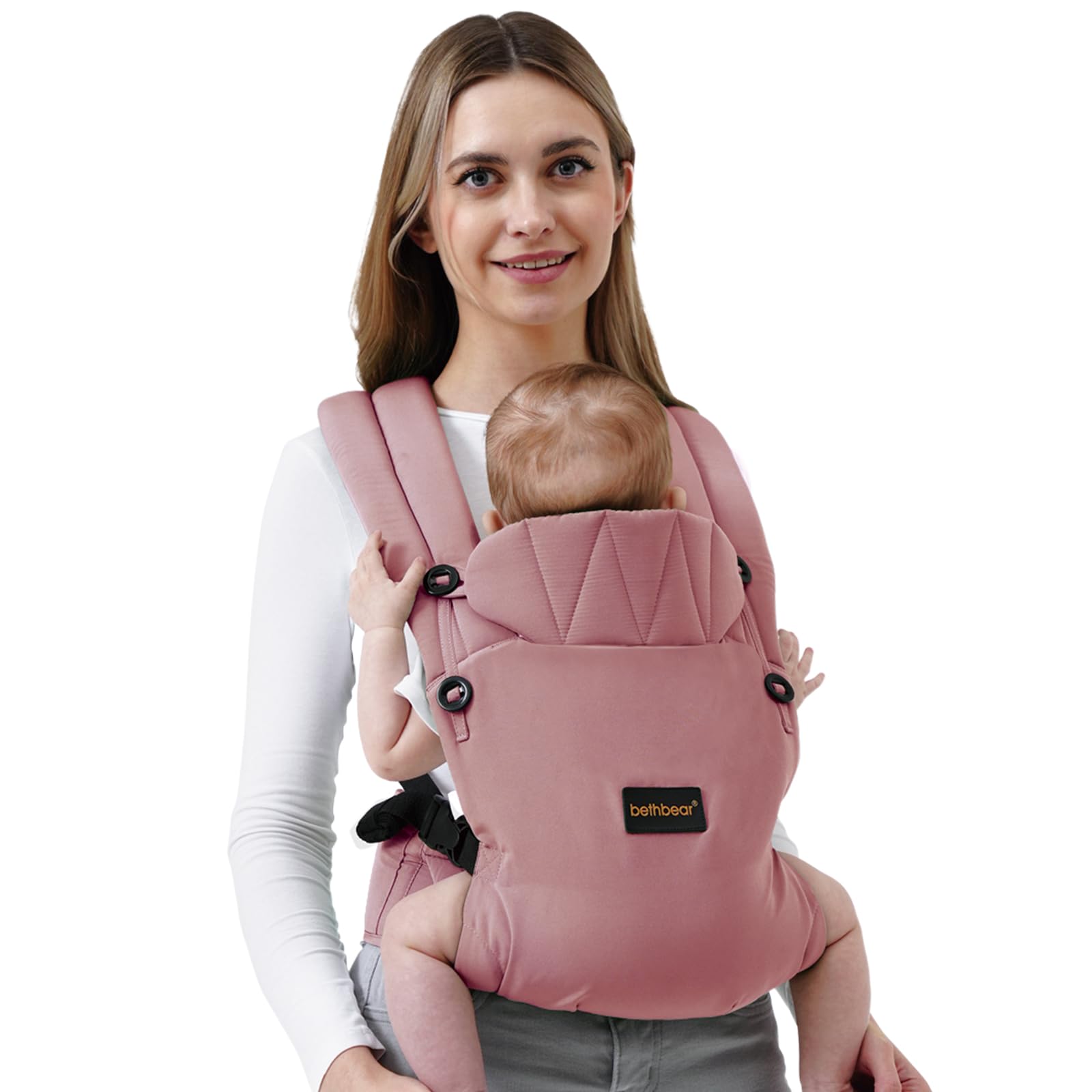 BethBear pink front-view baby carrier showing hands-free use