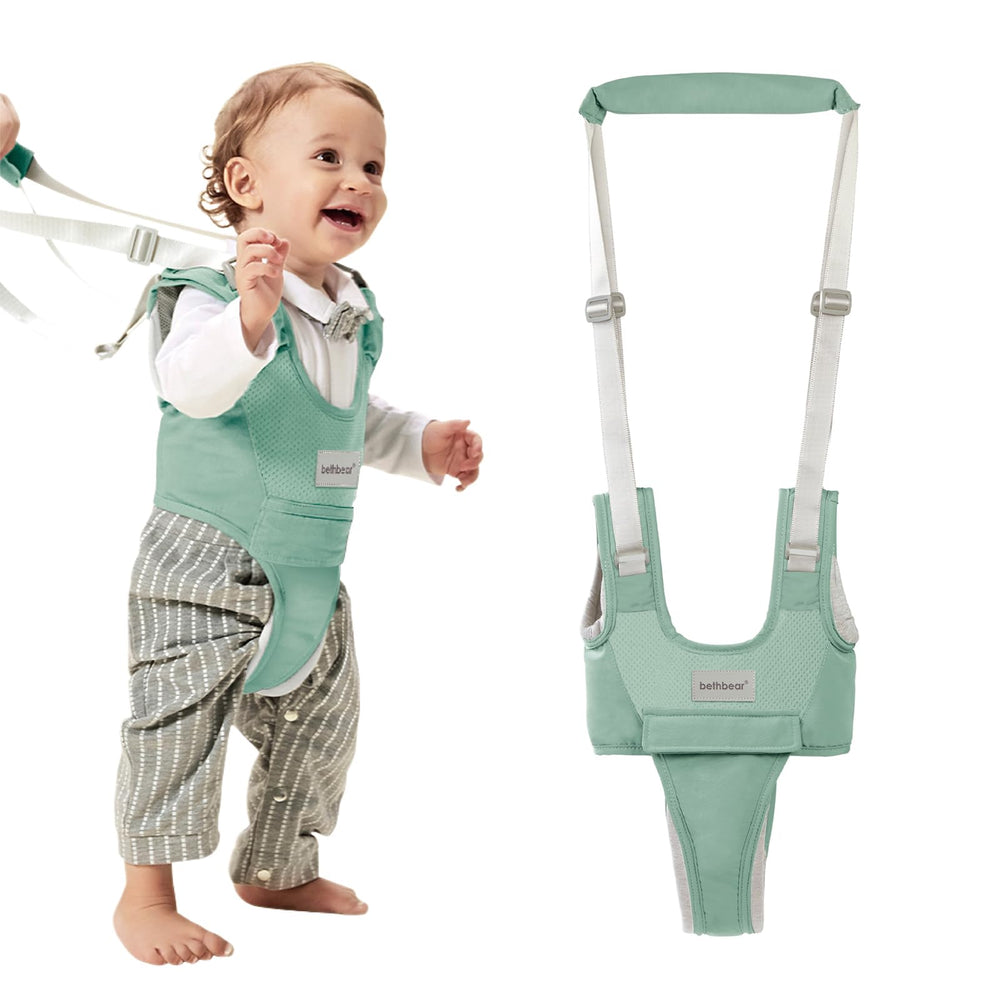 BethBear baby walking harness on toddler provides gentle support during first steps