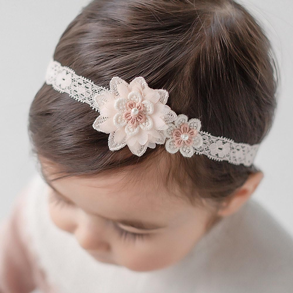 Bethynas lace bow headband with flower design for baby girls, gentle and non-slip.