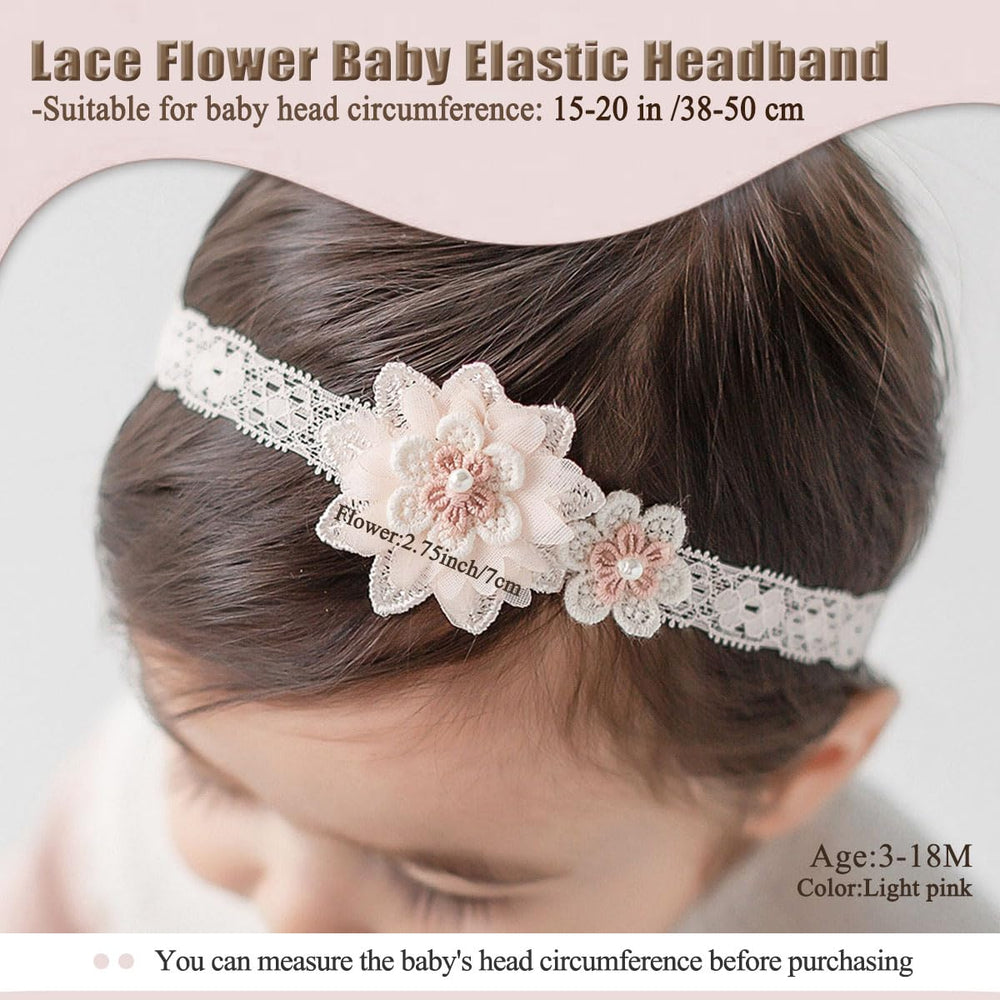 Bethynas lace bow headband with flower design for baby girls, soft and secure fit.