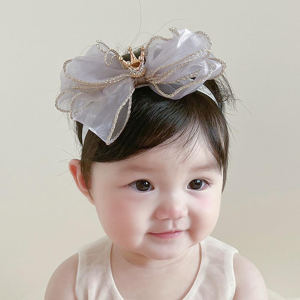 Bethynas gray baby headband with princess crown lace bowknot, cute styling for photoshoots