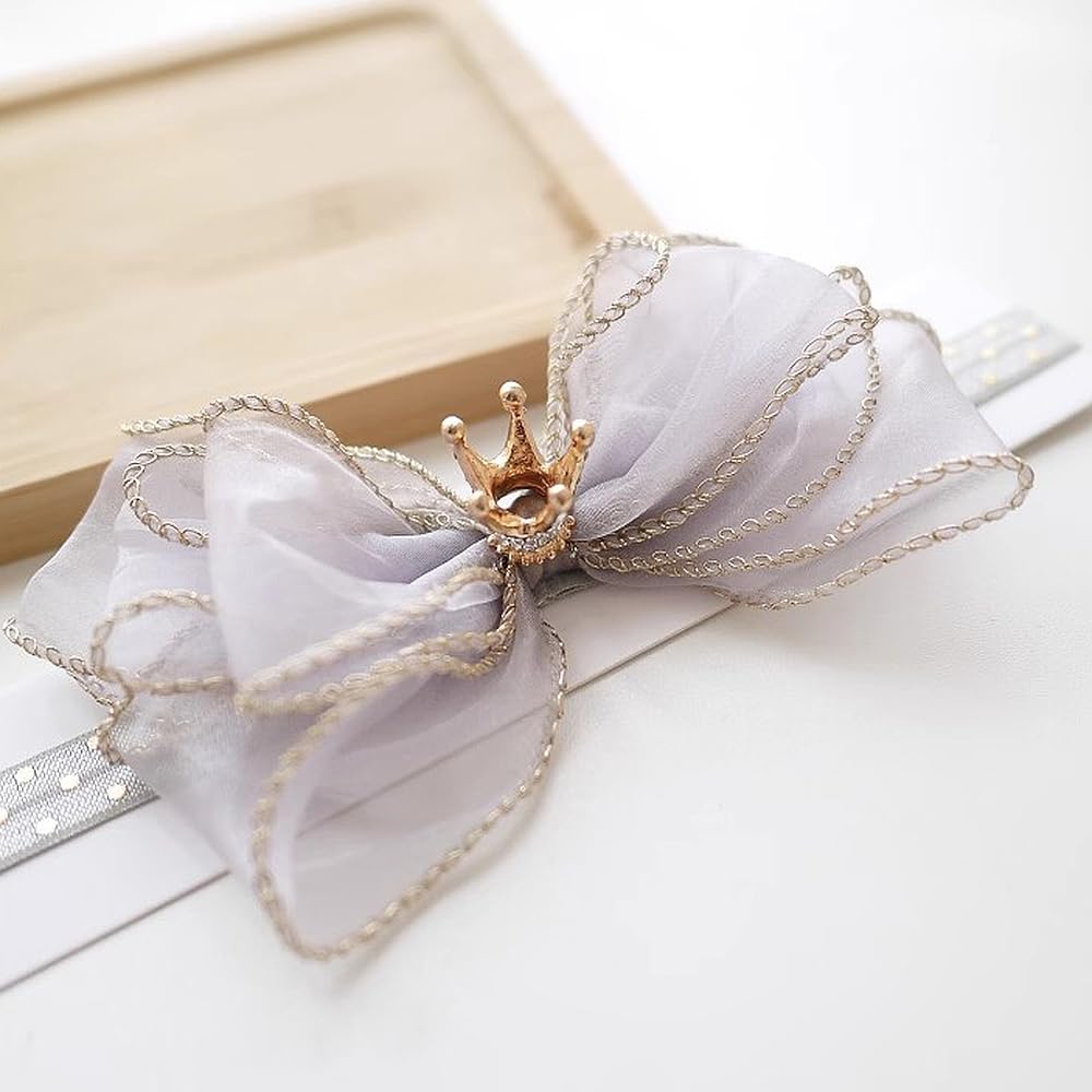 Bethynas princess crown lace bowknot headband in gray, soft and stretchy