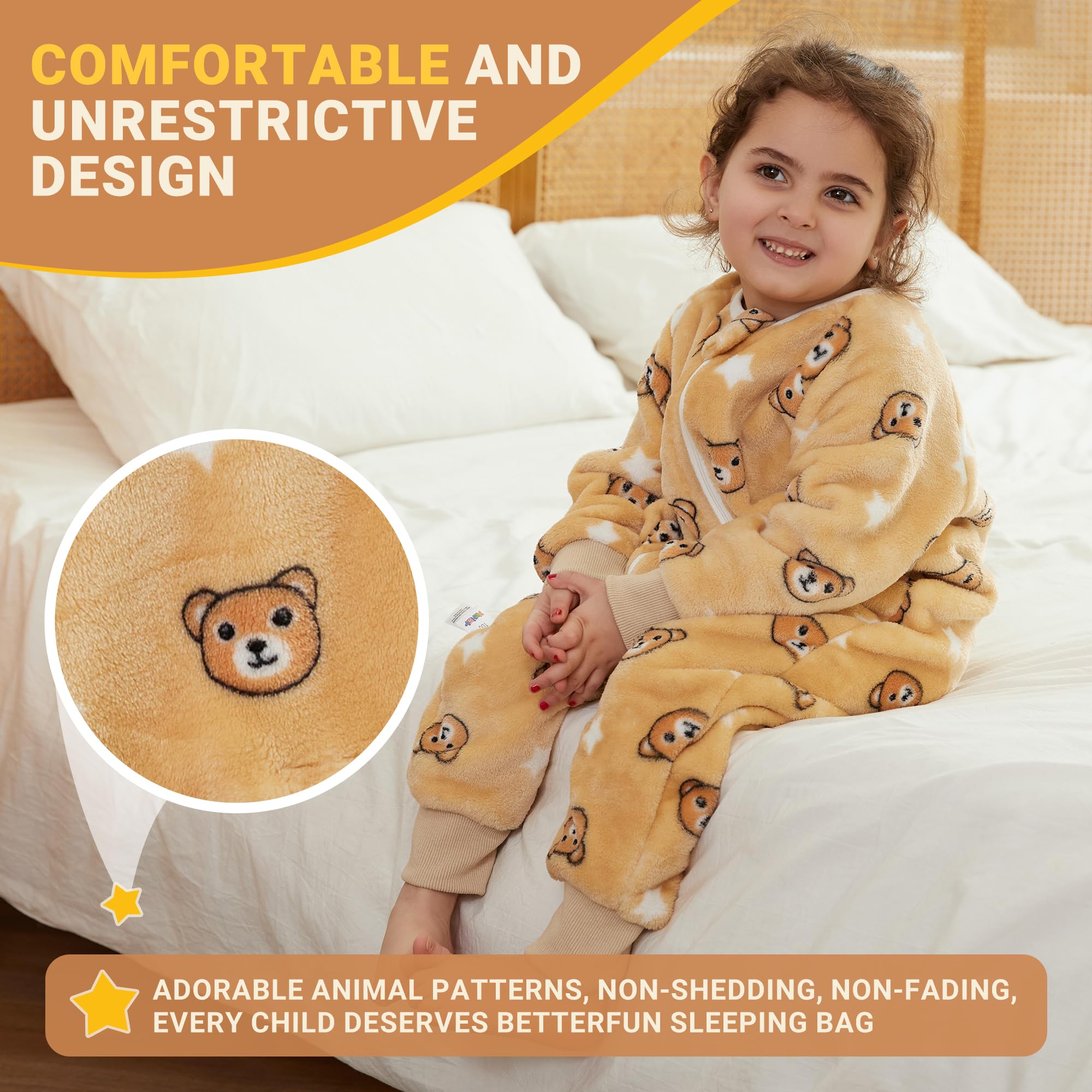 BETTERFUN two-way zipper on bear sleeping bag enables easy diaper changes.