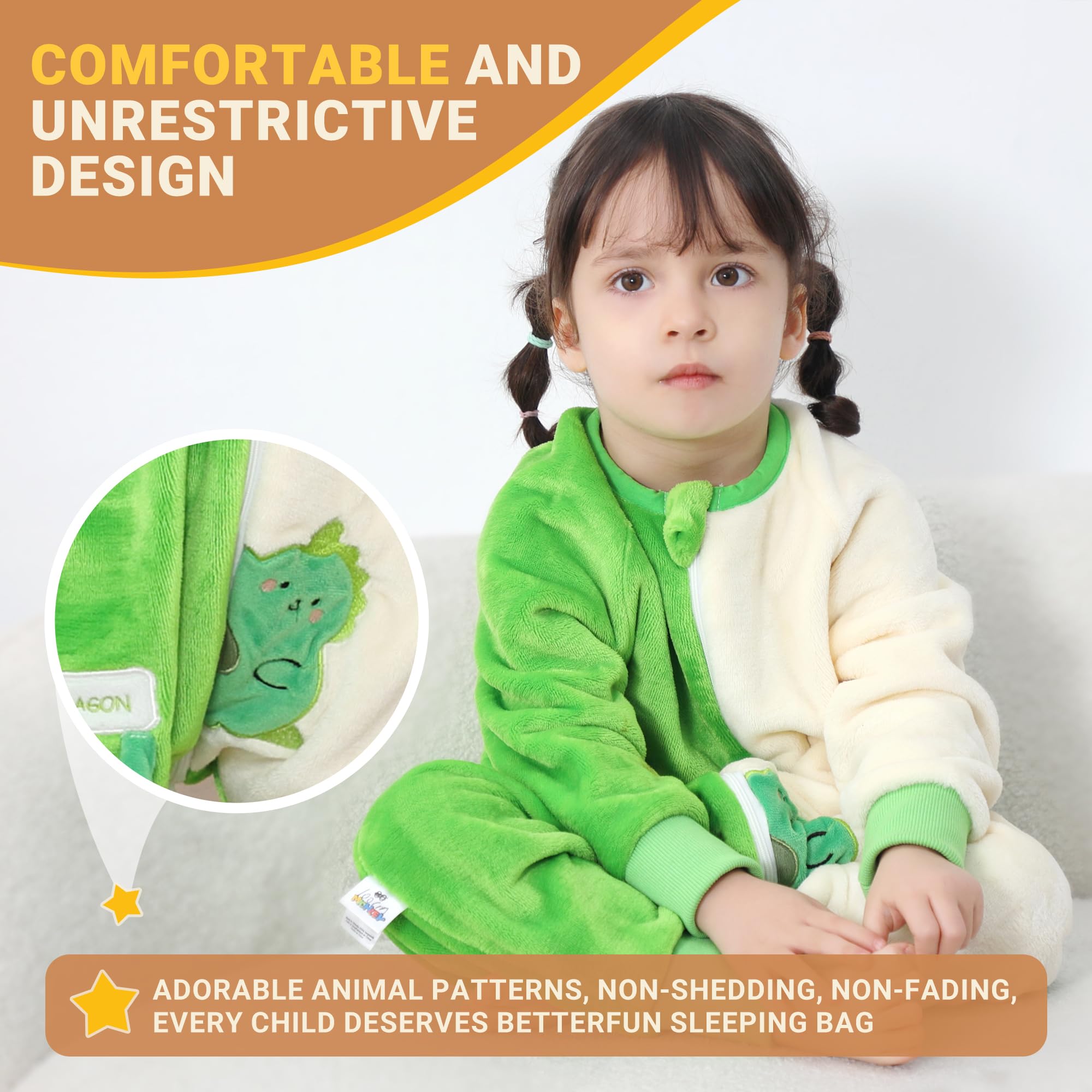 BETTERFUN footed design shown with two-way zipper for easy diaper changes